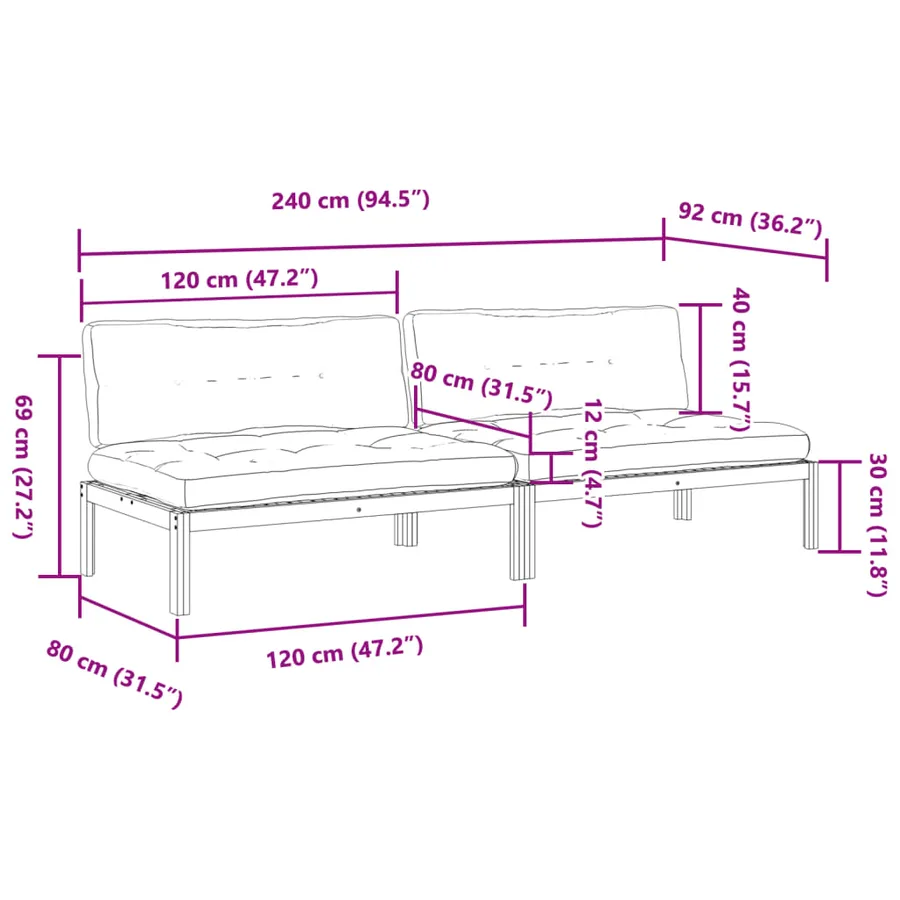 Canapés centraux palette de jardin et coussins 2pcs bois acacia - 8