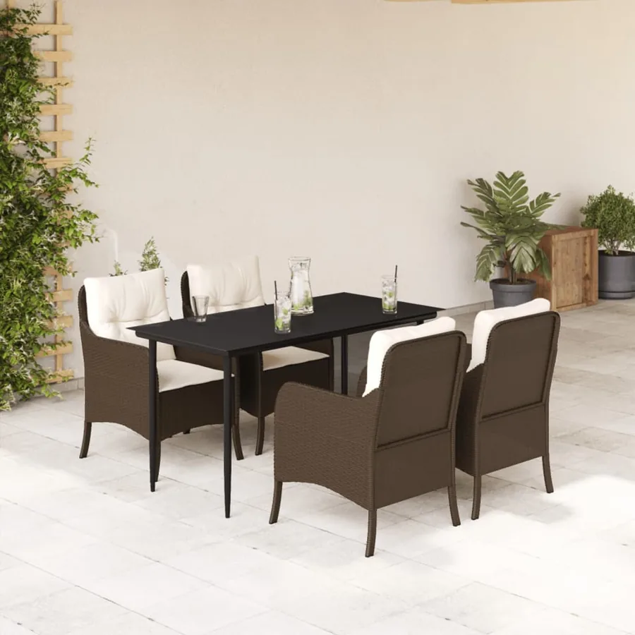 Ensemble à manger de jardin 5 pcs et coussins marron poly rotin
