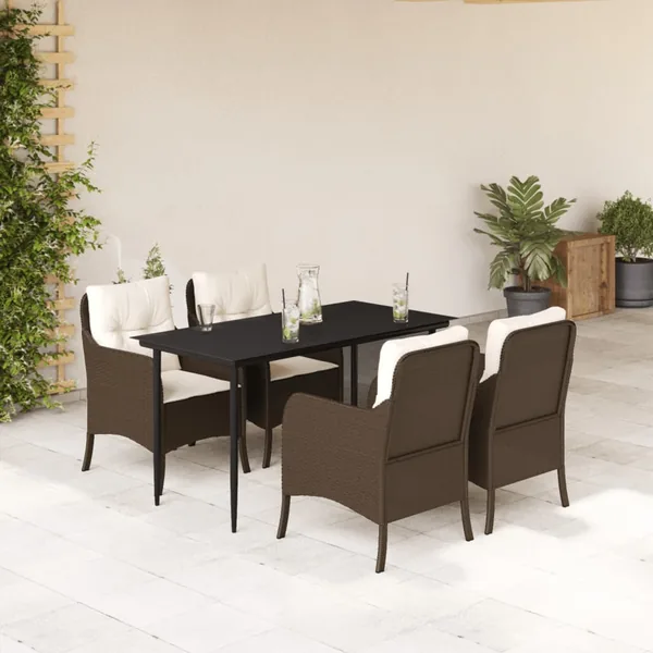 Ensemble à manger de jardin 5 pcs et coussins marron poly rotin