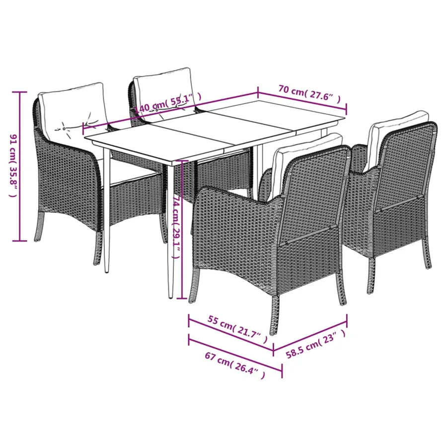 Ensemble à manger de jardin 5 pcs et coussins marron poly rotin - 7