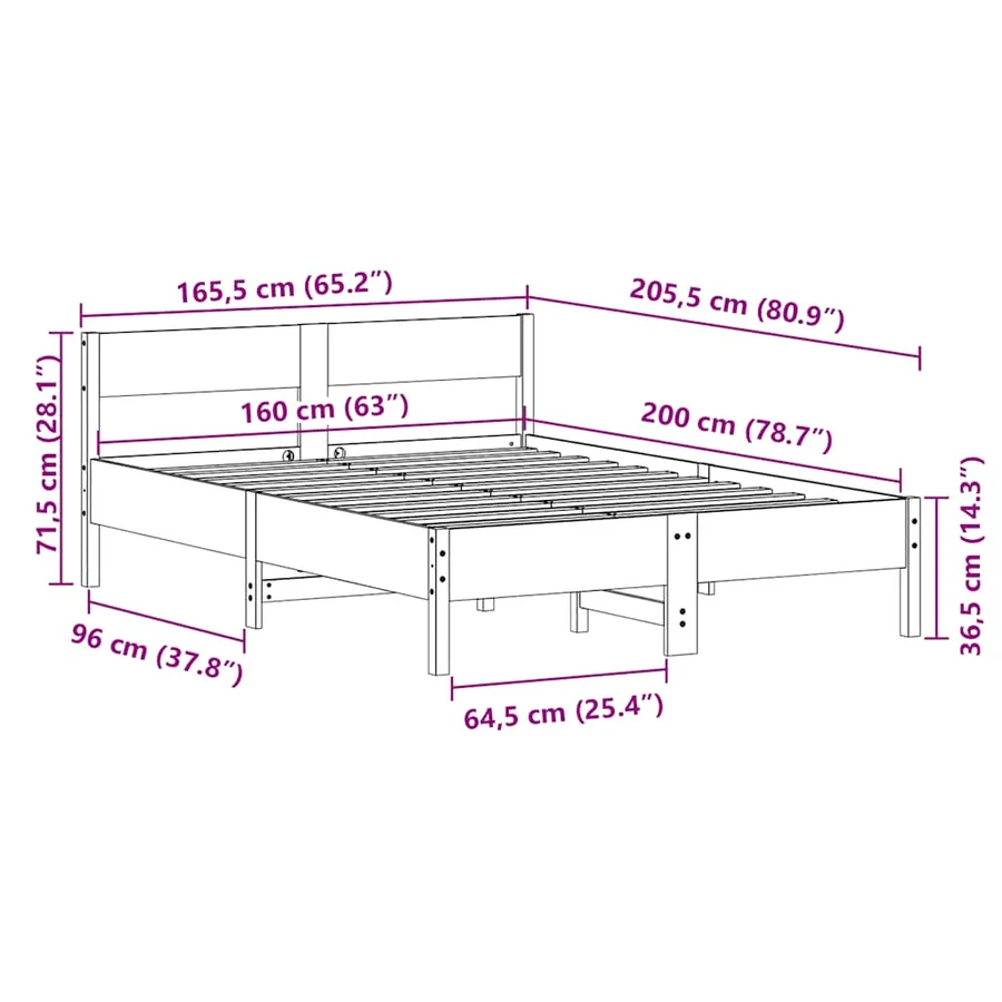 Cadre de lit sans matelas blanc 160x200 cm bois de pin massif - 9