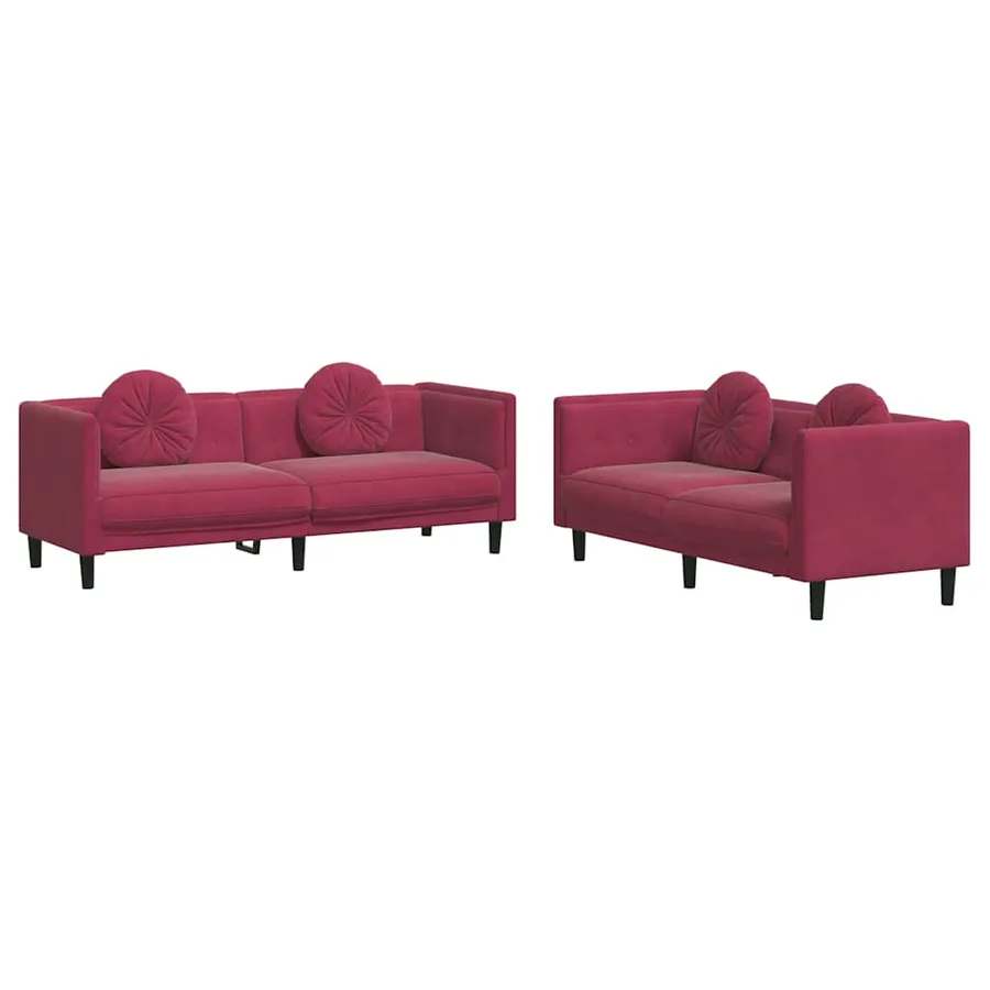 Ensemble de canapés 2 pcs avec coussins rouge bordeaux velours - 2