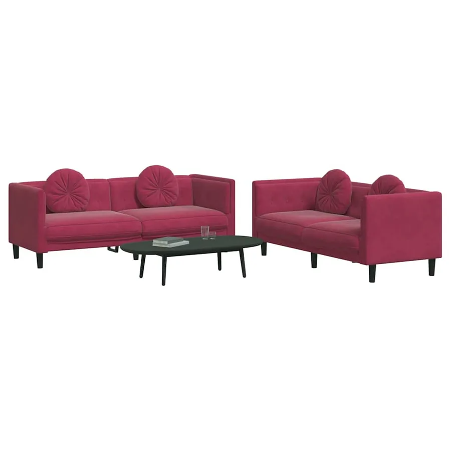 Ensemble de canapés 2 pcs avec coussins rouge bordeaux velours - 3