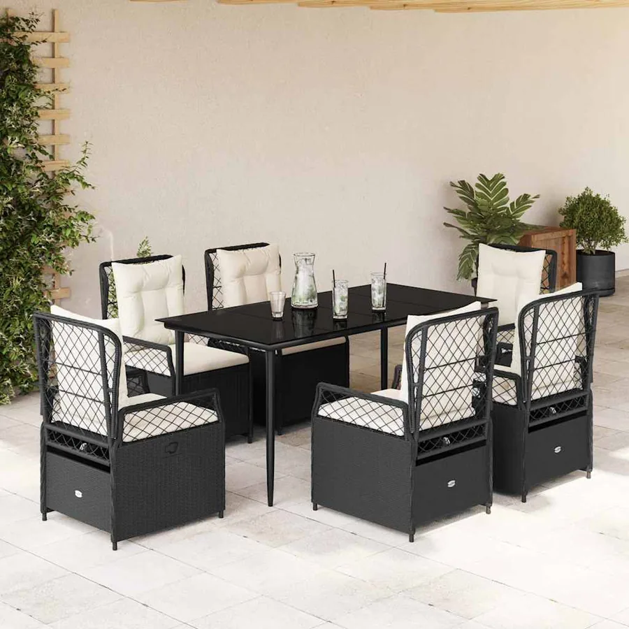 Ensemble à manger de jardin coussins 7pcs Noir Résine tressée