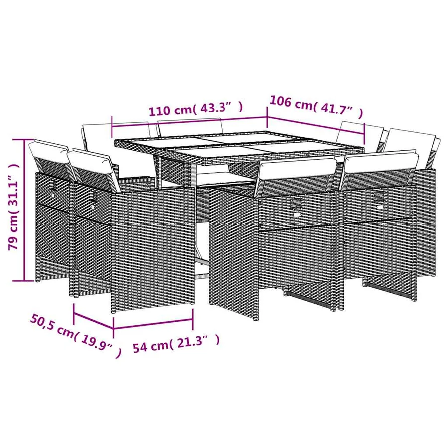 Ensemble à manger de jardin et coussins 9 pcs marron poly rotin - 5
