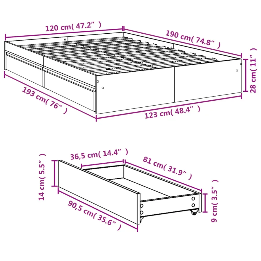 Cadre de lit avec tiroirs sans matelas noir 120x190 cm - 10