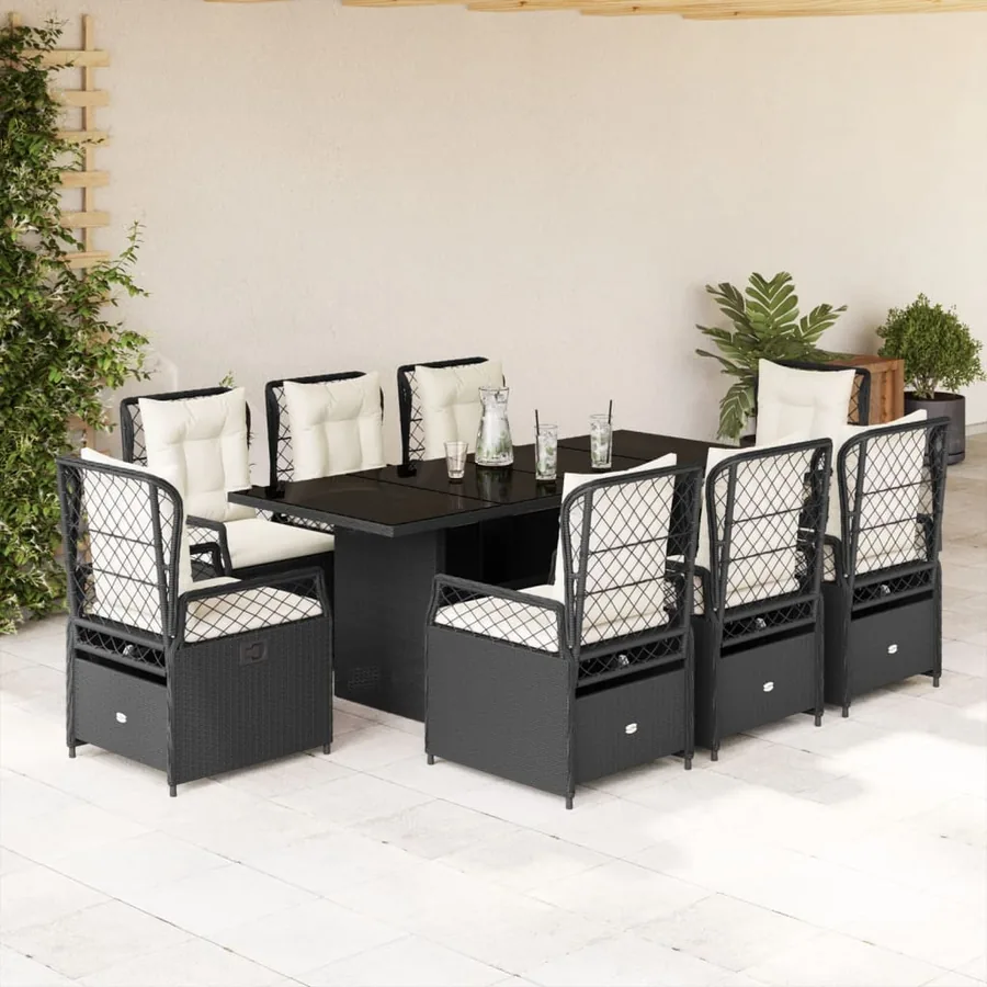 Ensemble à manger de jardin 9pcs coussins noir résine tressée