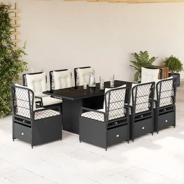 Ensemble à manger de jardin 9pcs coussins noir résine tressée