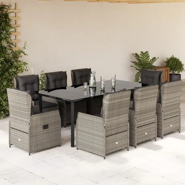 Ensemble à manger de jardin et coussins 9 pcs gris clair rotin