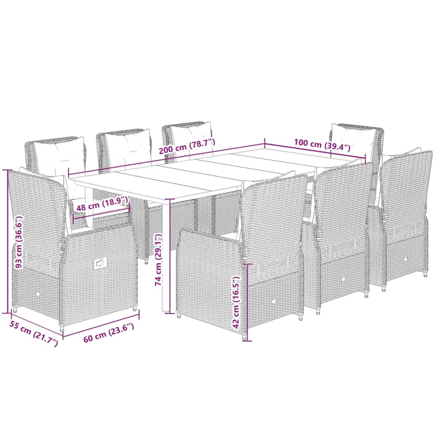 Ensemble à manger de jardin et coussins 9 pcs marron poly rotin - 8