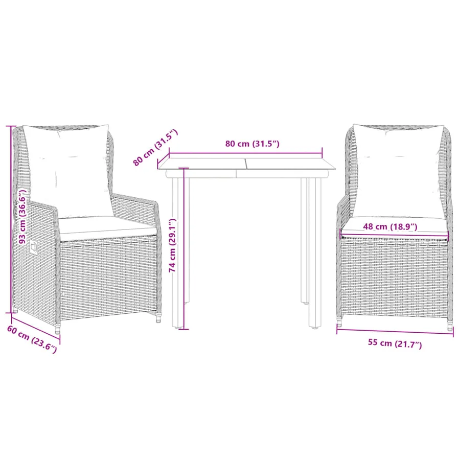 Ensemble à manger de jardin 3 pcs et coussins marron poly rotin - 8