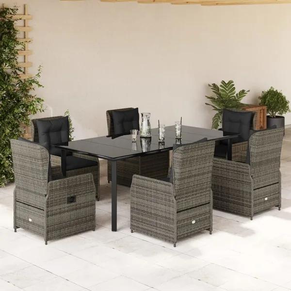 Ensemble à manger de jardin et coussins 7 pcs gris rotin
