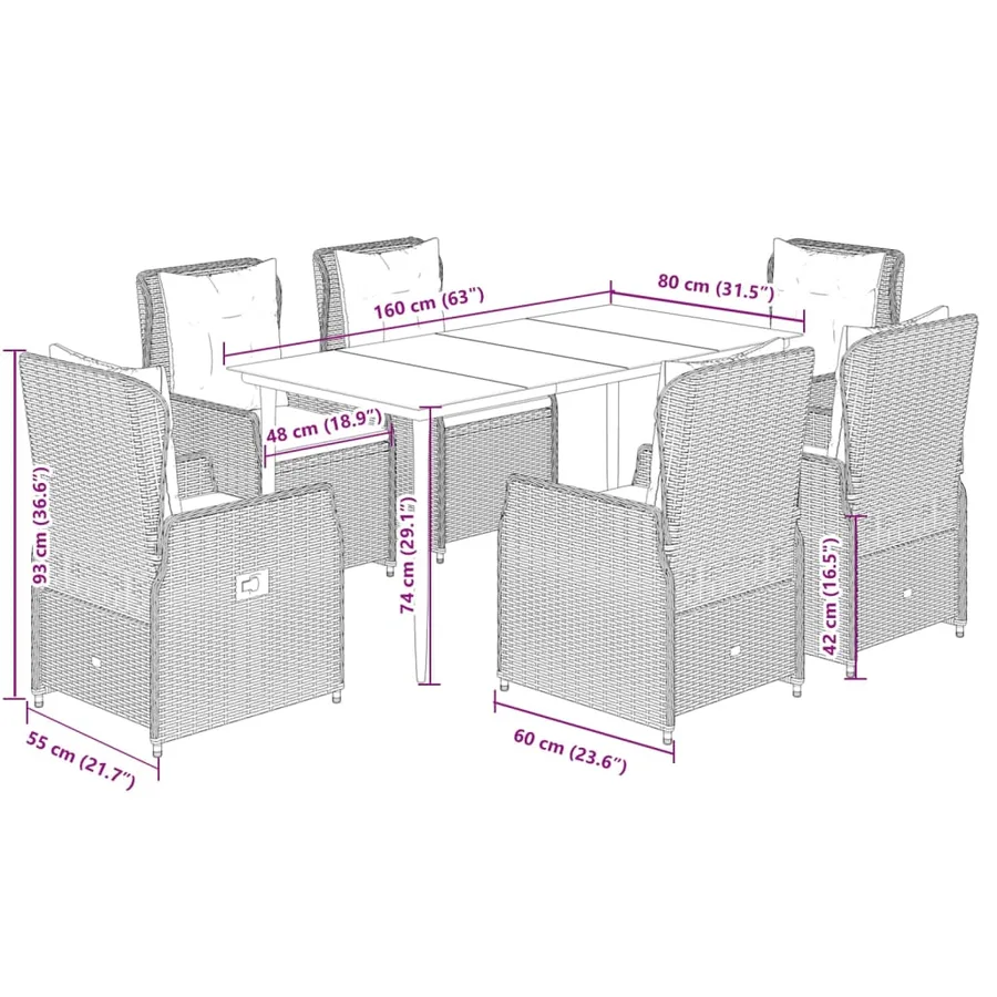 Ensemble à manger de jardin et coussins 7 pcs gris rotin - 8