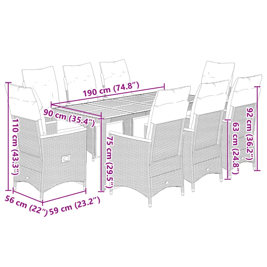 Ensemble de bistro de jardin 9 pcs coussins noir poly rotin - 7
