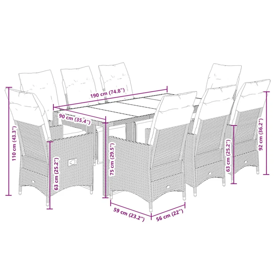 Ensemble à manger de jardin 9pcs coussins noir résine tressée - 7
