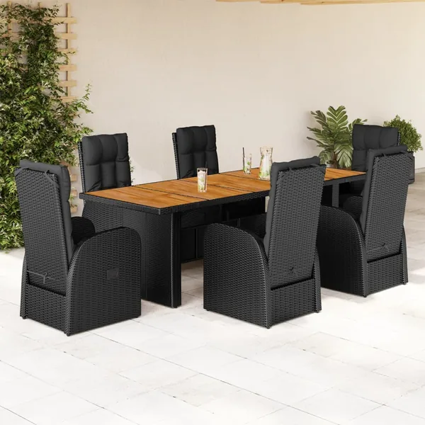 Ensemble à manger de jardin coussins 7 pcs noir résine tressée