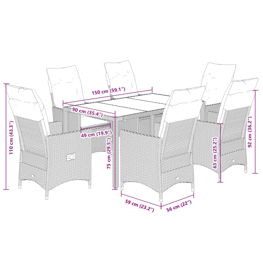 Ensemble à manger de jardin et coussins 7 pcs gris rotin - 7