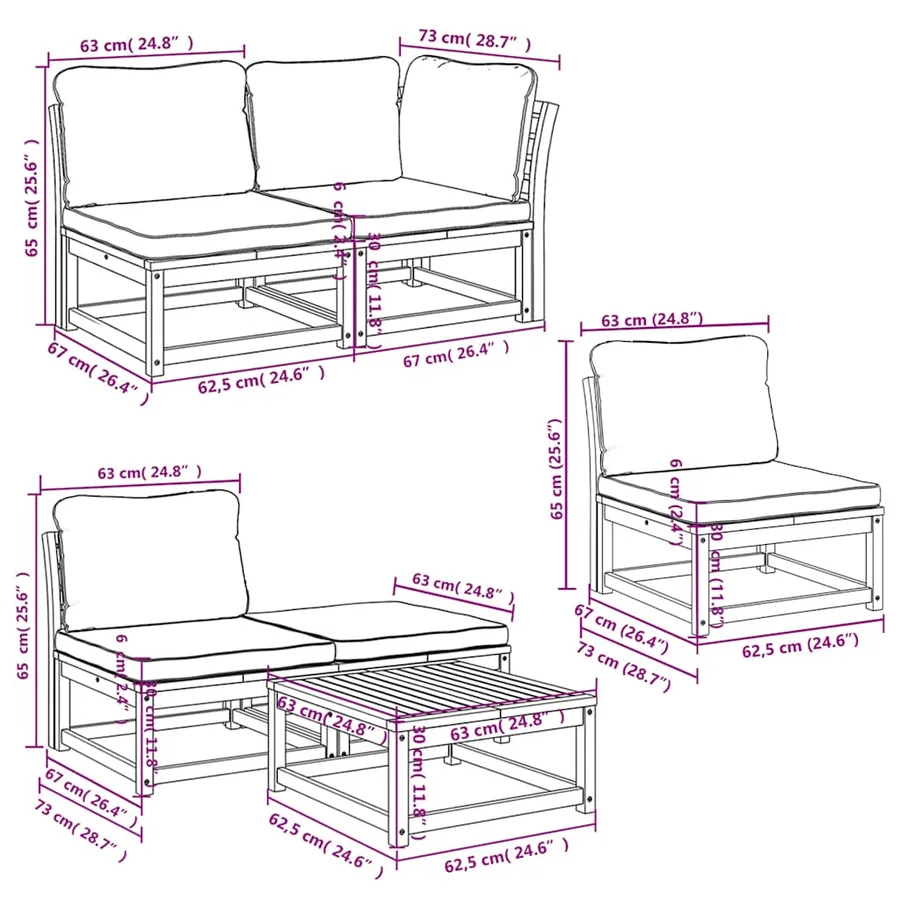 Salon de jardin 6 pcs avec coussins bois d'acacia solide - 9