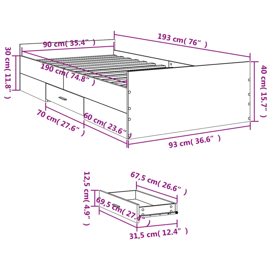 Cadre de lit avec tiroirs sans matelas blanc 90x190 cm - 11