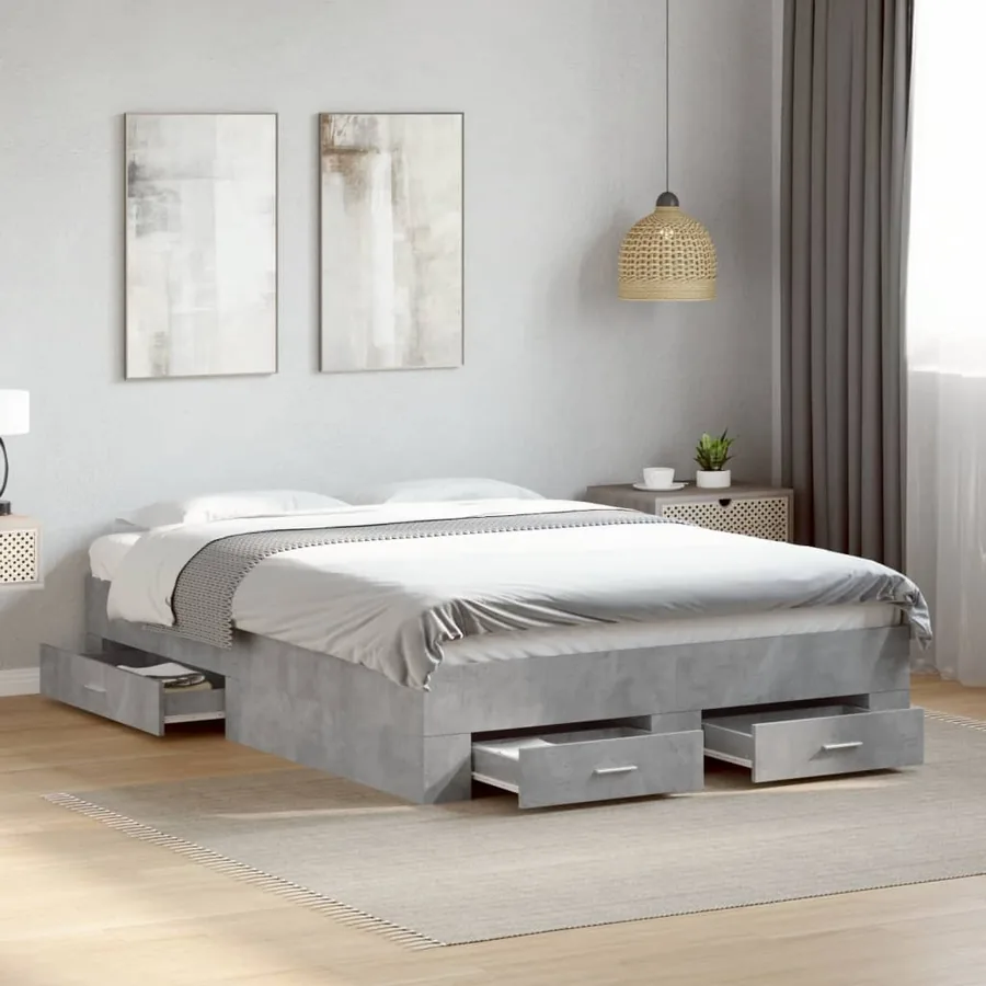 Cadre de lit avec tiroirs sans matelas gris béton 120x200 cm