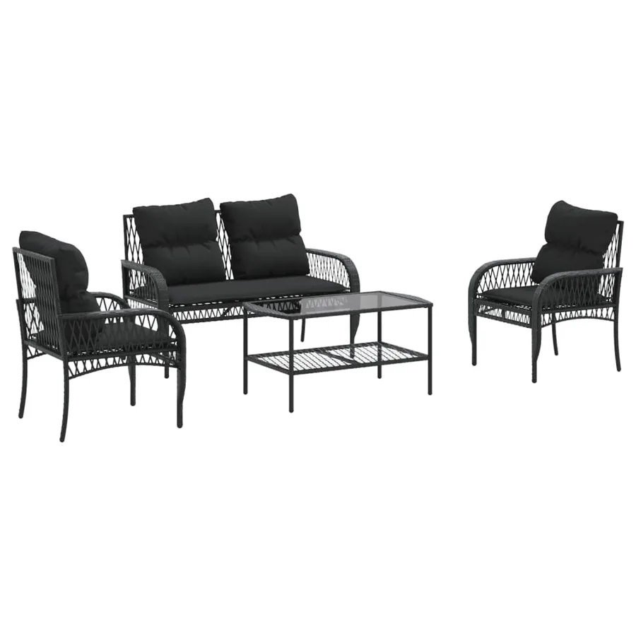 Salon de jardin 4 pcs avec coussins noir résine tressée - 2