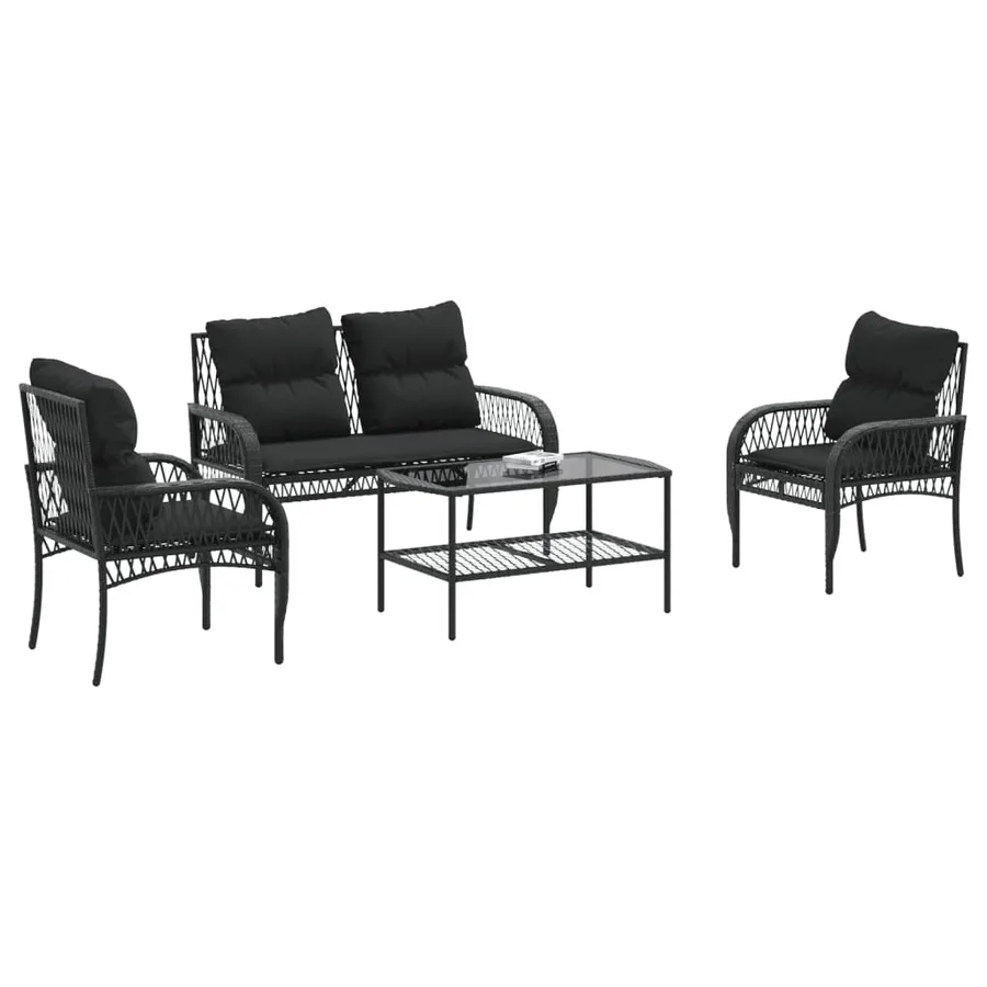 Salon de jardin 4 pcs avec coussins noir résine tressée - 3