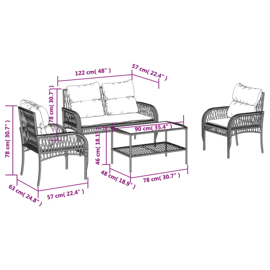 Salon de jardin avec coussins 4 pcs beige résine tressée - 14