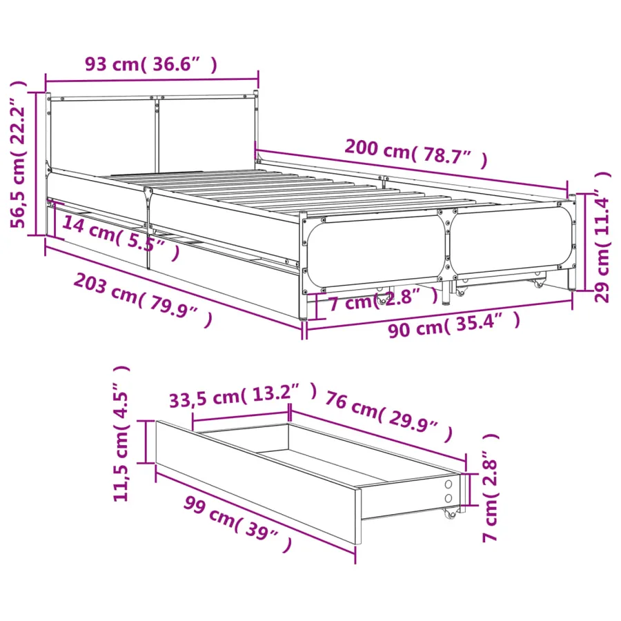Cadre de lit avec tiroirs sans matelas noir 90x200 cm - 10