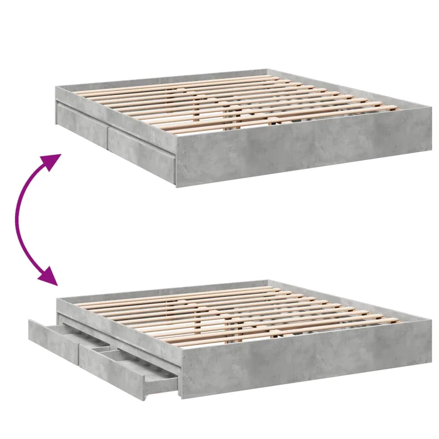 Cadre de lit avec tiroirs sans matelas gris béton 200x200 cm - 7