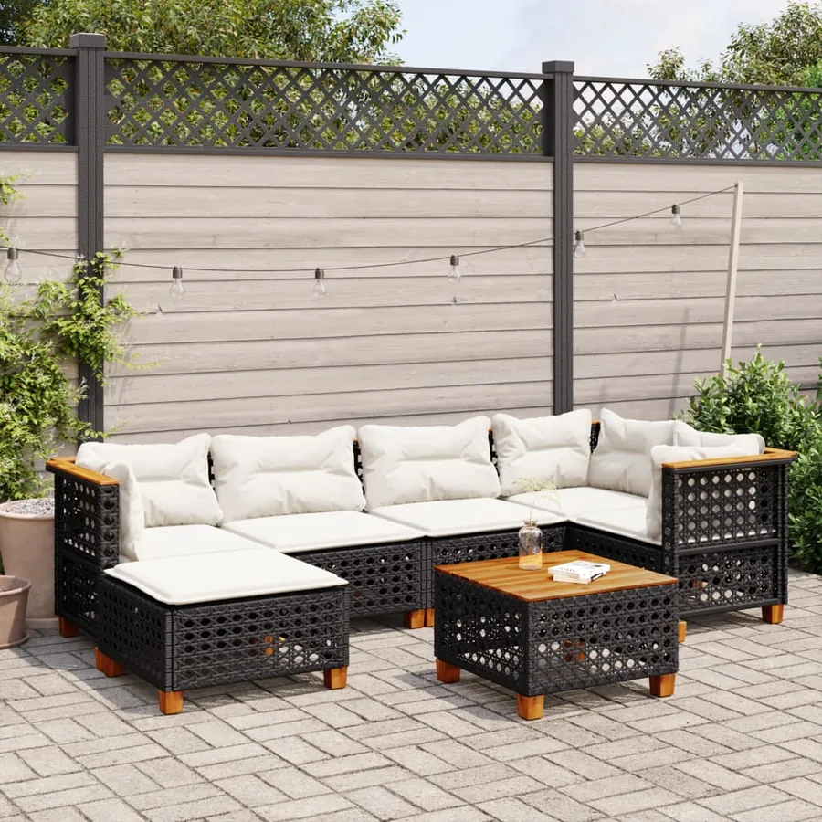 Salon de jardin 7 pcs avec coussins noir résine tressée 63,5 x 63,5 x 62 cm - 61,2 kg