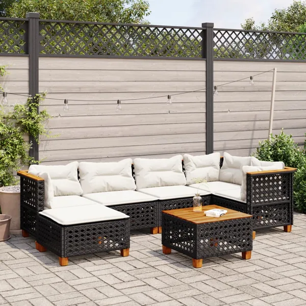 Salon de jardin 7 pcs avec coussins noir résine tressée 63,5 x 63,5 x 62 cm - 61,2 kg