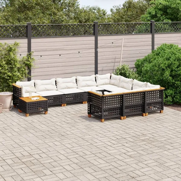 Salon de jardin 11 pcs avec coussins noir résine tressée