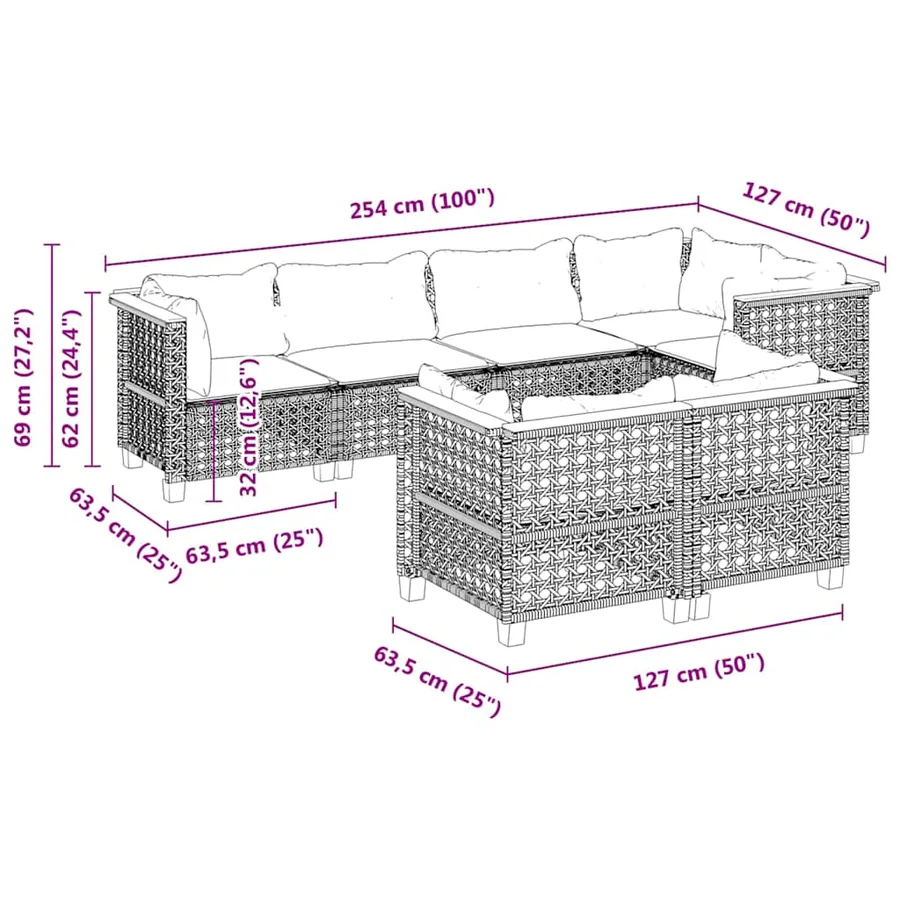 Salon de jardin 7 pcs avec coussins noir résine tressée 63,5 x 63,5 x 62 cm - 67,8 kg - 6