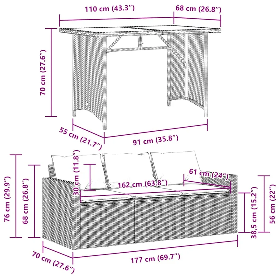 Ensemble à manger de jardin et coussins 2 pcs gris clair rotin - 11