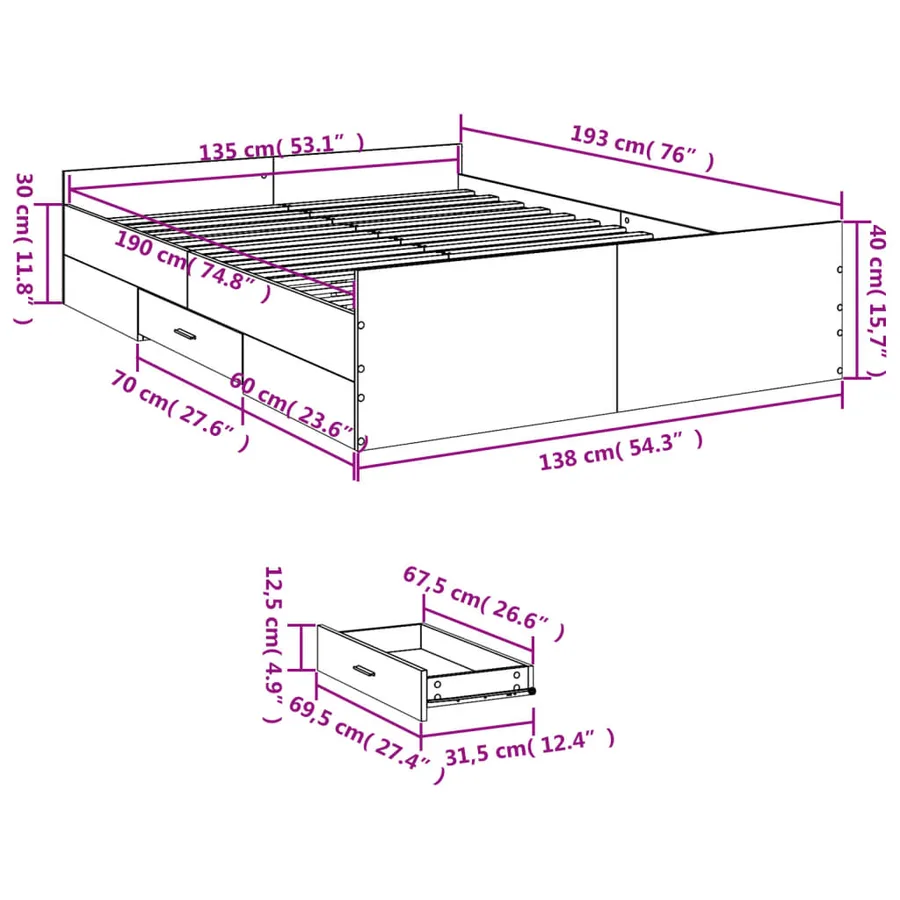 Cadre de lit avec tiroirs sans matelas blanc 135x190 cm - 11