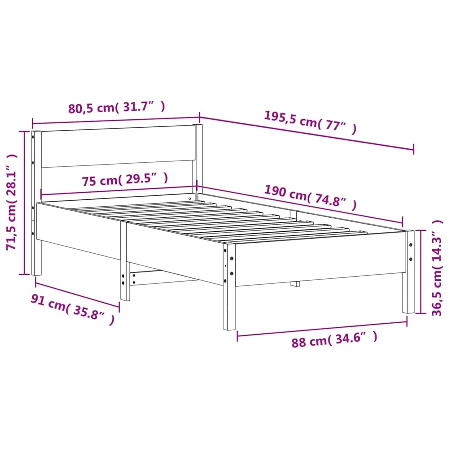 Cadre de lit sans matelas blanc 75x190 cm bois de pin massif - 9