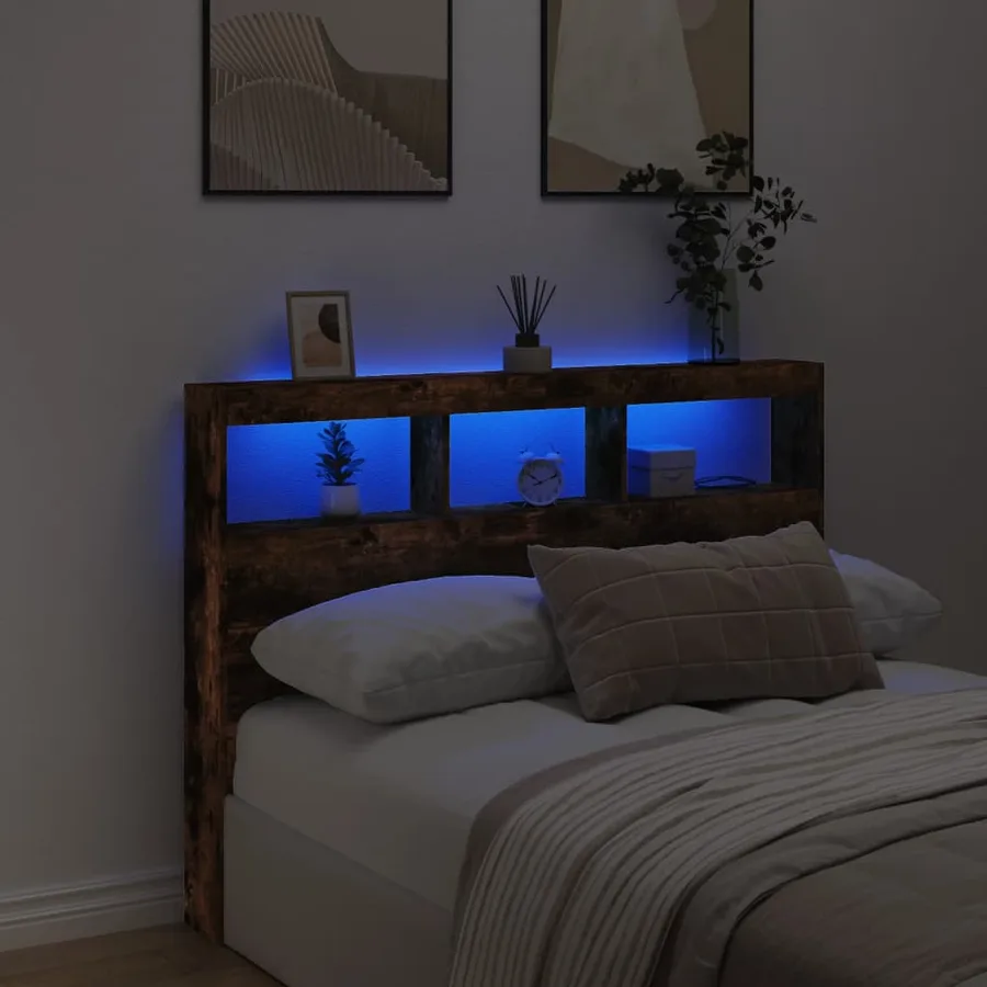 Armoire tête de lit avec LED chêne fumé 140x17x102 cm - 4