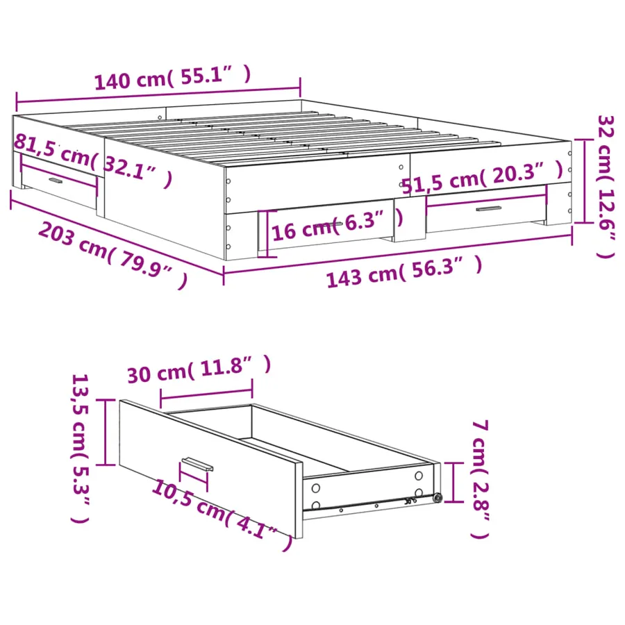 Cadre de lit avec tiroirs sans matelas sonoma gris 140x200 cm - 10