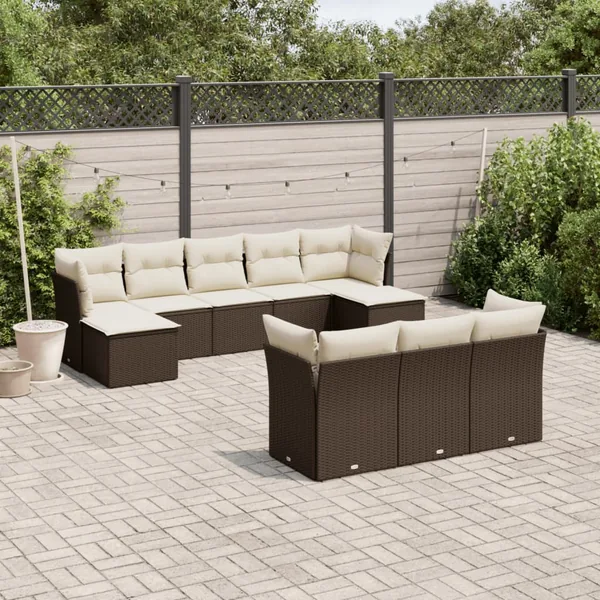 Salon de jardin 10 pcs avec coussins marron résine tressée