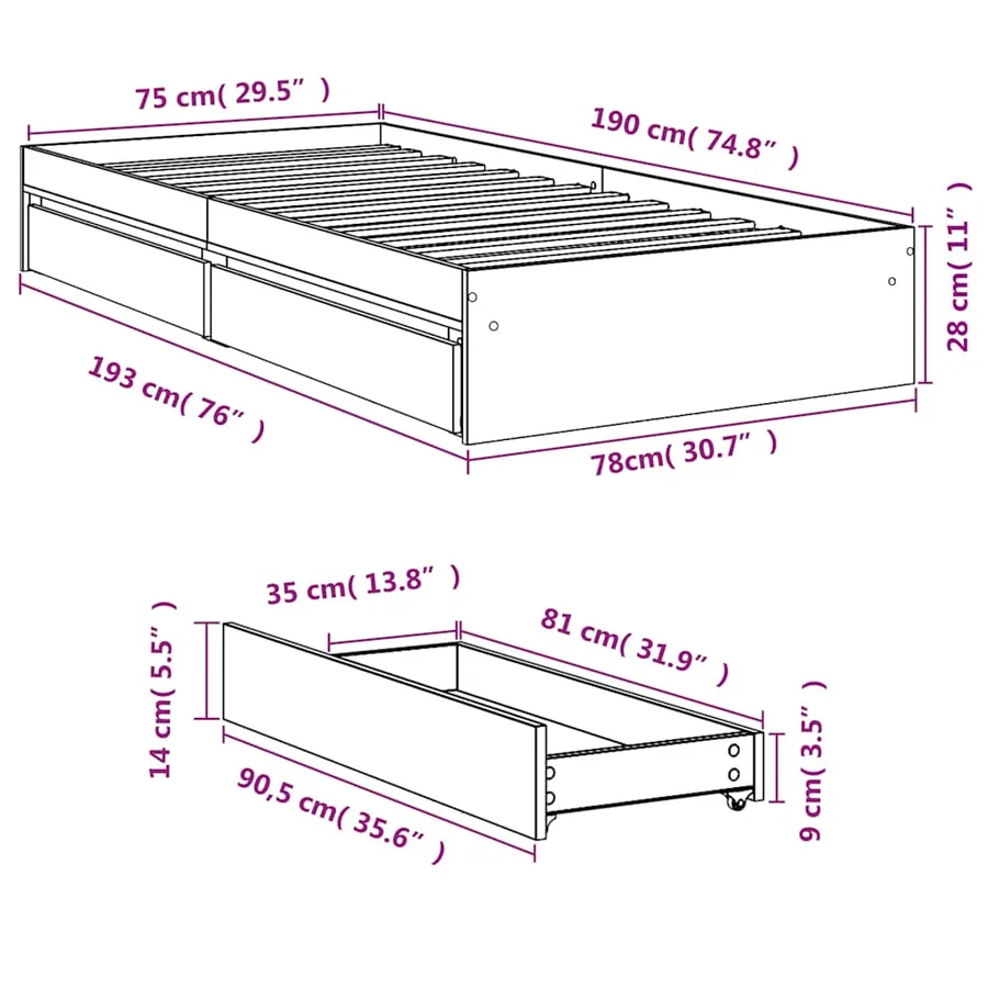 Cadre de lit avec tiroirs sans matelas noir 75x190 cm - 10