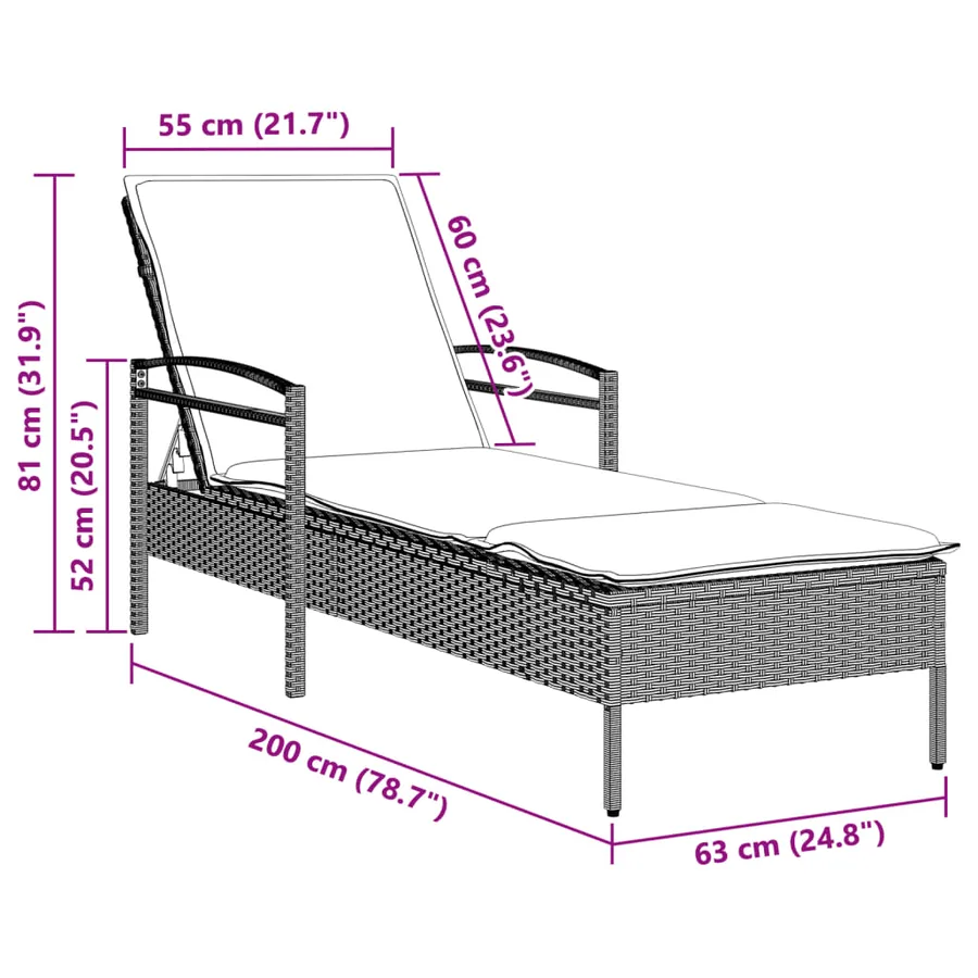 Chaise longue et coussin gris clair 63x200x81 cm résine tressée - 9