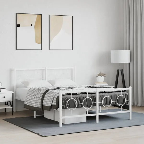 Cadre de lit métal sans matelas et pied de lit blanc 135x190 cm