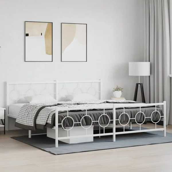 Cadre de lit métal sans matelas et pied de lit blanc 193x203 cm