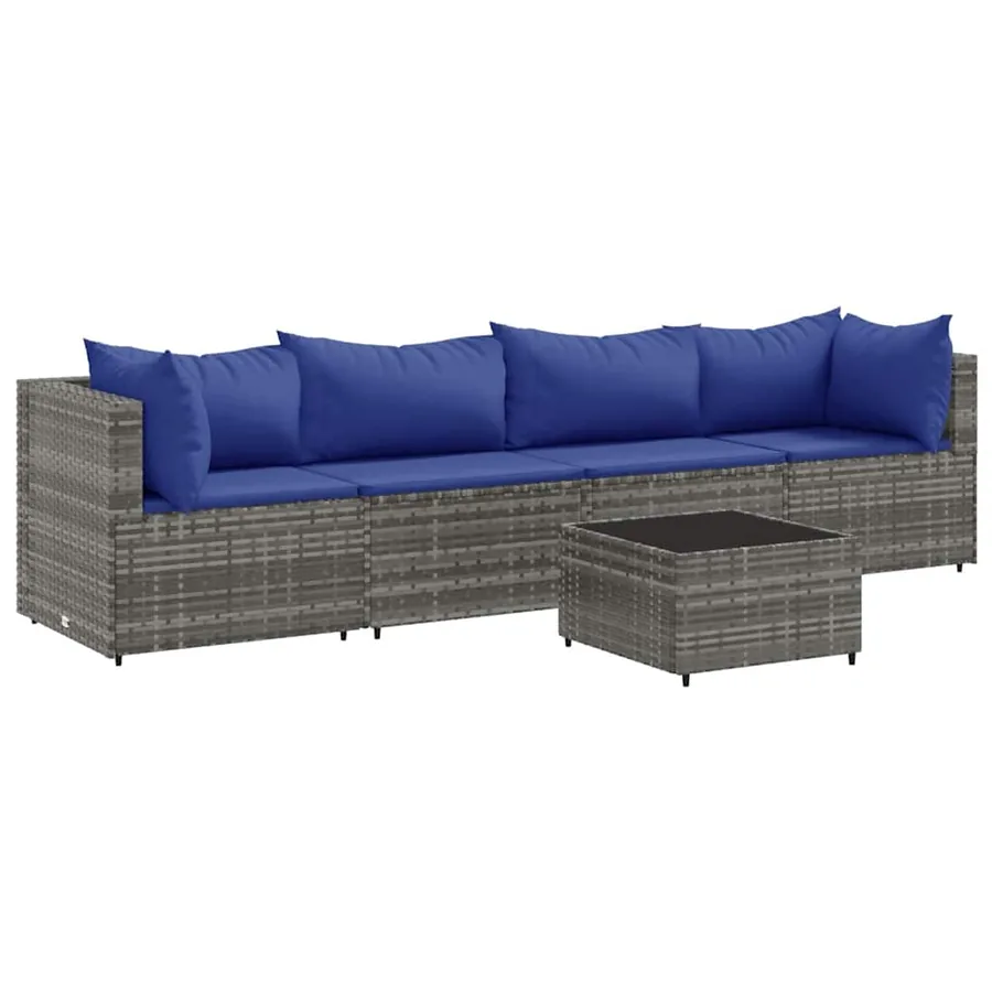 Salon de jardin 5 pcs avec coussins Gris Résine tressée - 2
