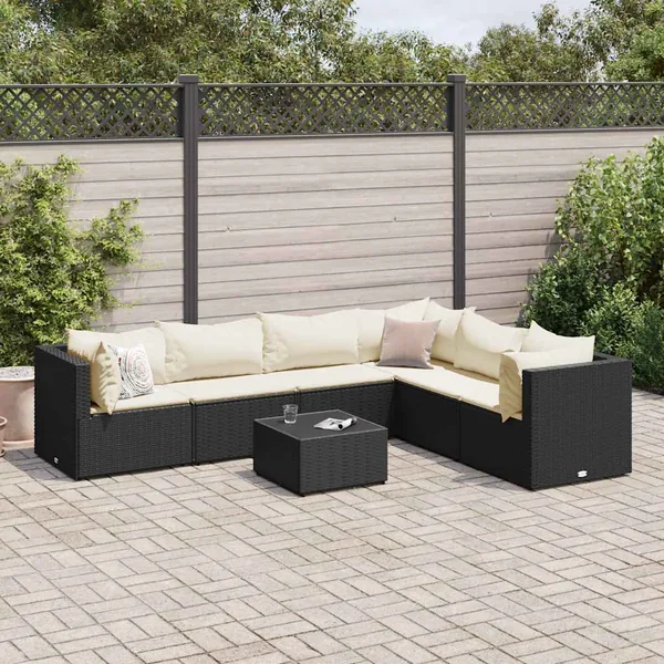 Salon de jardin 7 pcs avec coussins Noir Résine tressée 63 x 63 x 57,5 cm - 49,5 kg