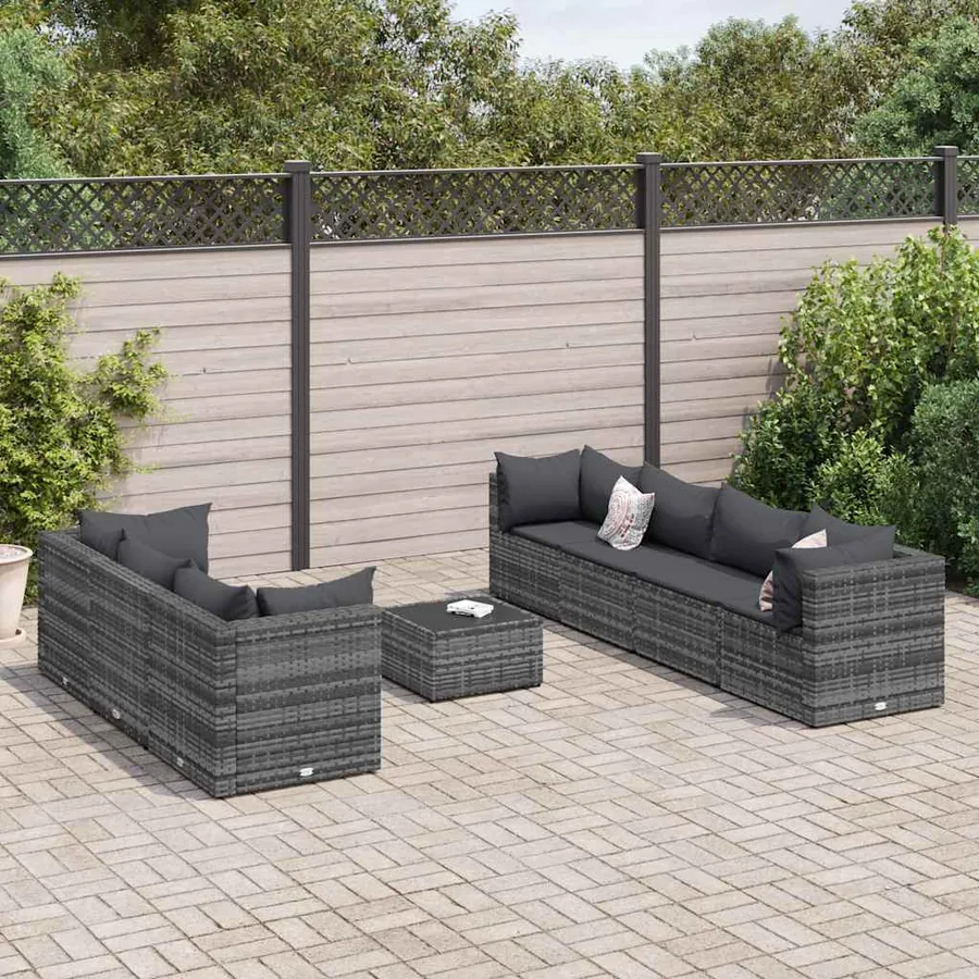 Salon de jardin 8 pcs avec coussins Gris Résine tressée