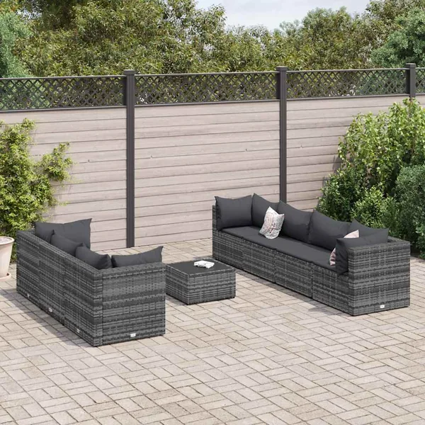 Salon de jardin 8 pcs avec coussins Gris Résine tressée