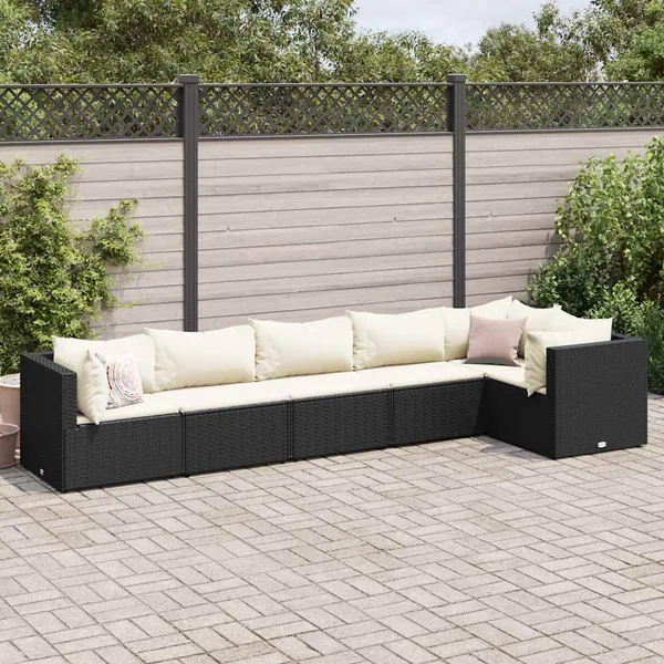 Salon de jardin 6 pcs avec coussins Noir Résine tressée