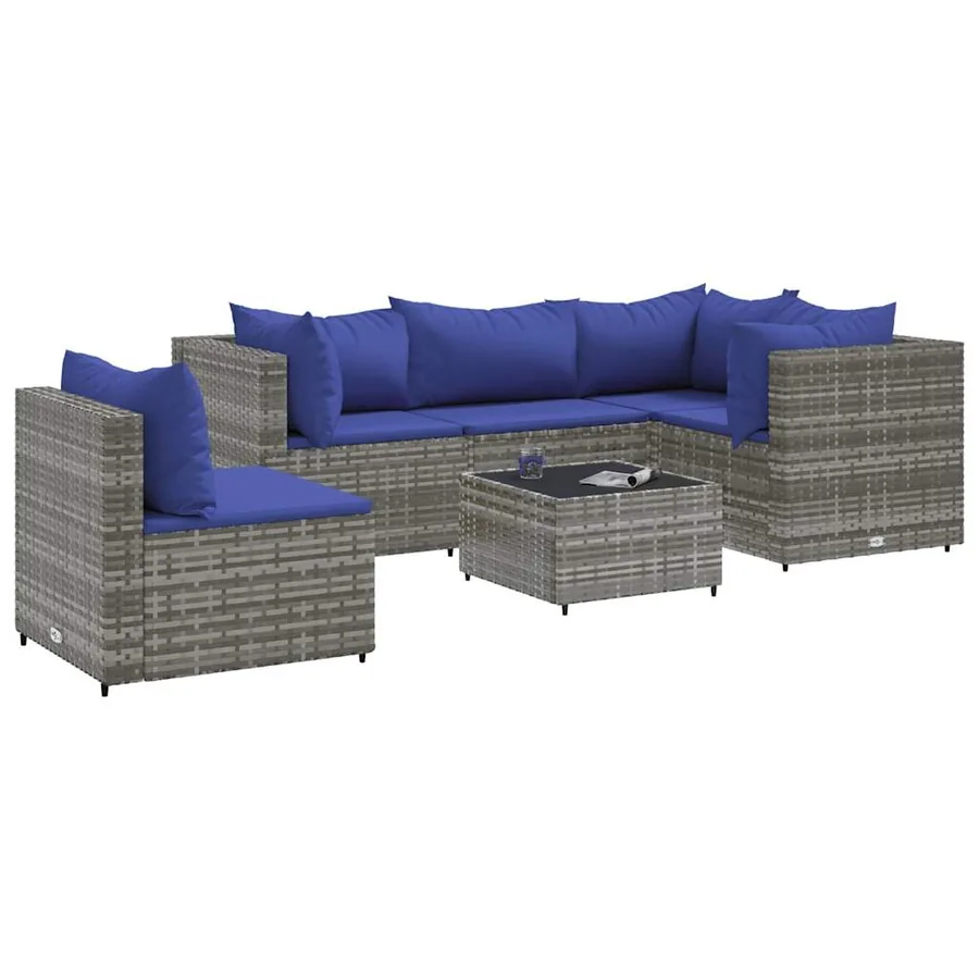 Salon de jardin 6 pcs avec coussins Gris Résine tressée - 2