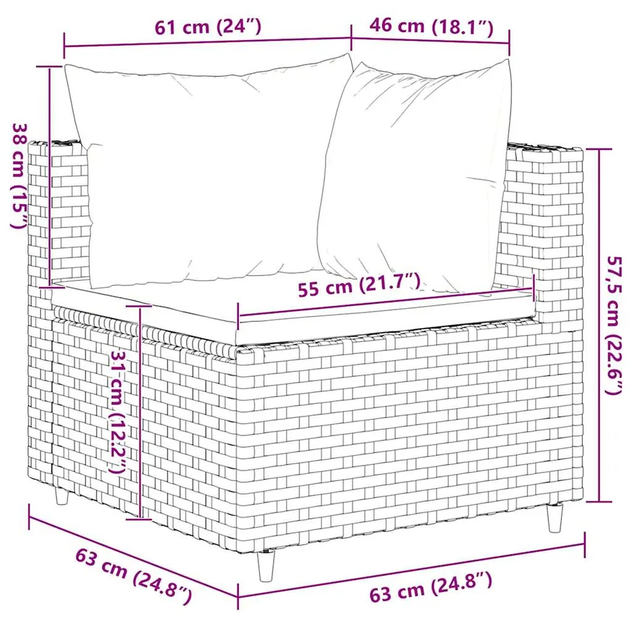 Salon de jardin 7 pcs avec coussins Noir Résine tressée 63 x 63 x 57,5 cm - 46,9 kg - 13